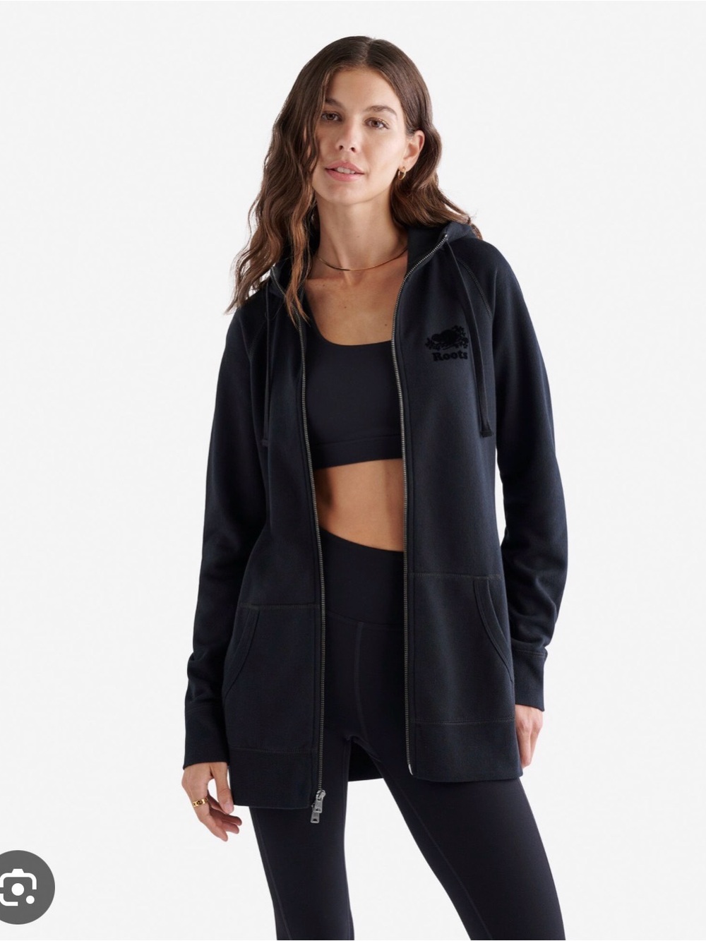 Roots Black Full-Zip Hooded Sweatshirt for Women